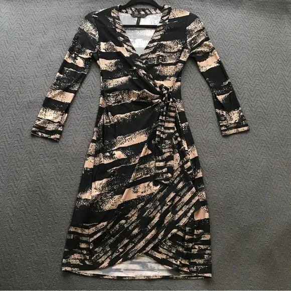 NWOT BCBGMaxAzria True Wrap Dress Black Tan Print Long Sleeve XS Petite - Picture 1 of 8